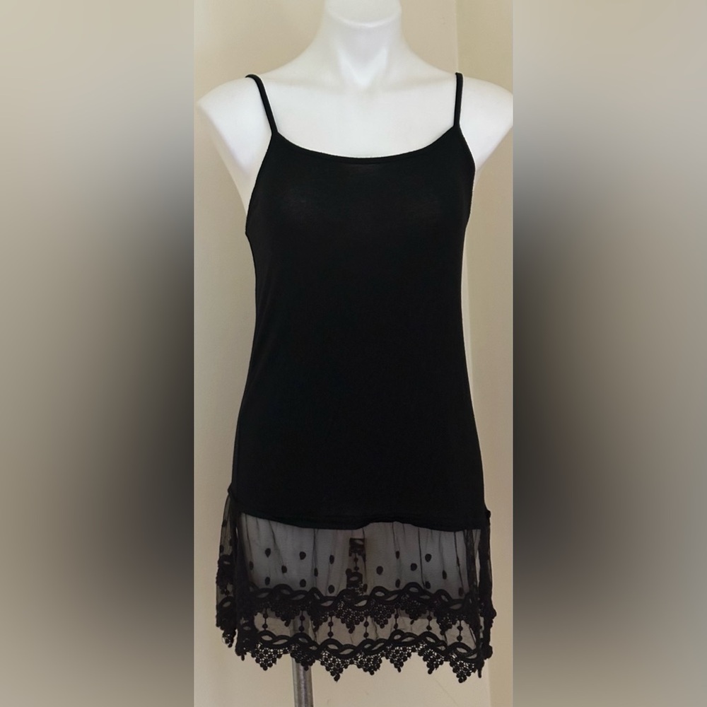 KAKUTS Fashionomics  Black Stretch Slip Dress Extender Mesh Dot Lace Hem Sz S.